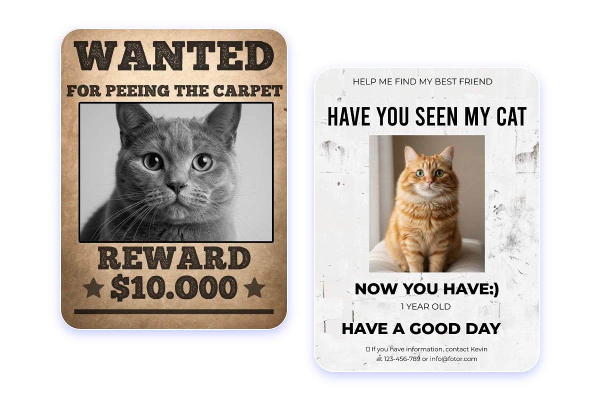 Deux mèmes drôles de chats sous forme d'avis de recherche créés avec Fotor