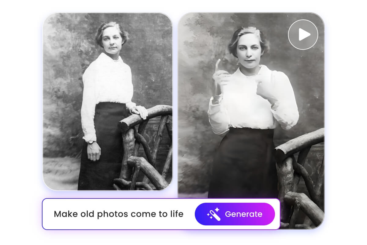 Type text to make an old photo of an elderly woman come to life