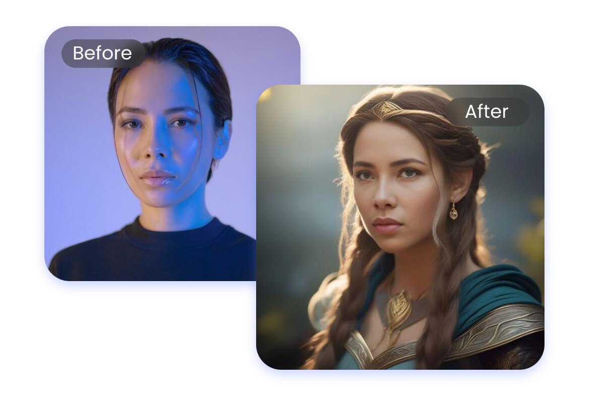 Upload a females image to fotor ai fantasy art generator and make a realistic fantasy female foe your own
