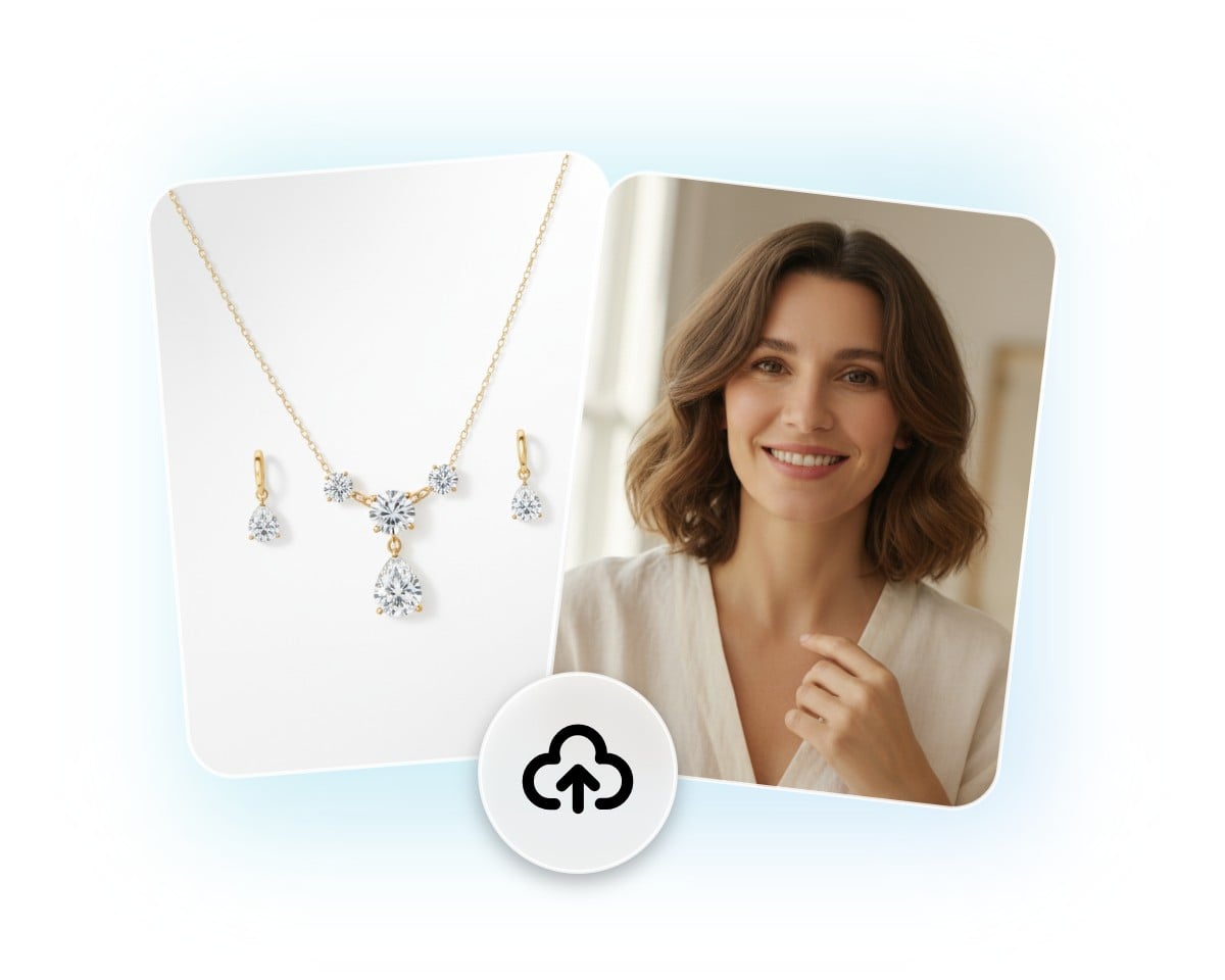 Upload a jewelry image and a portrait photo