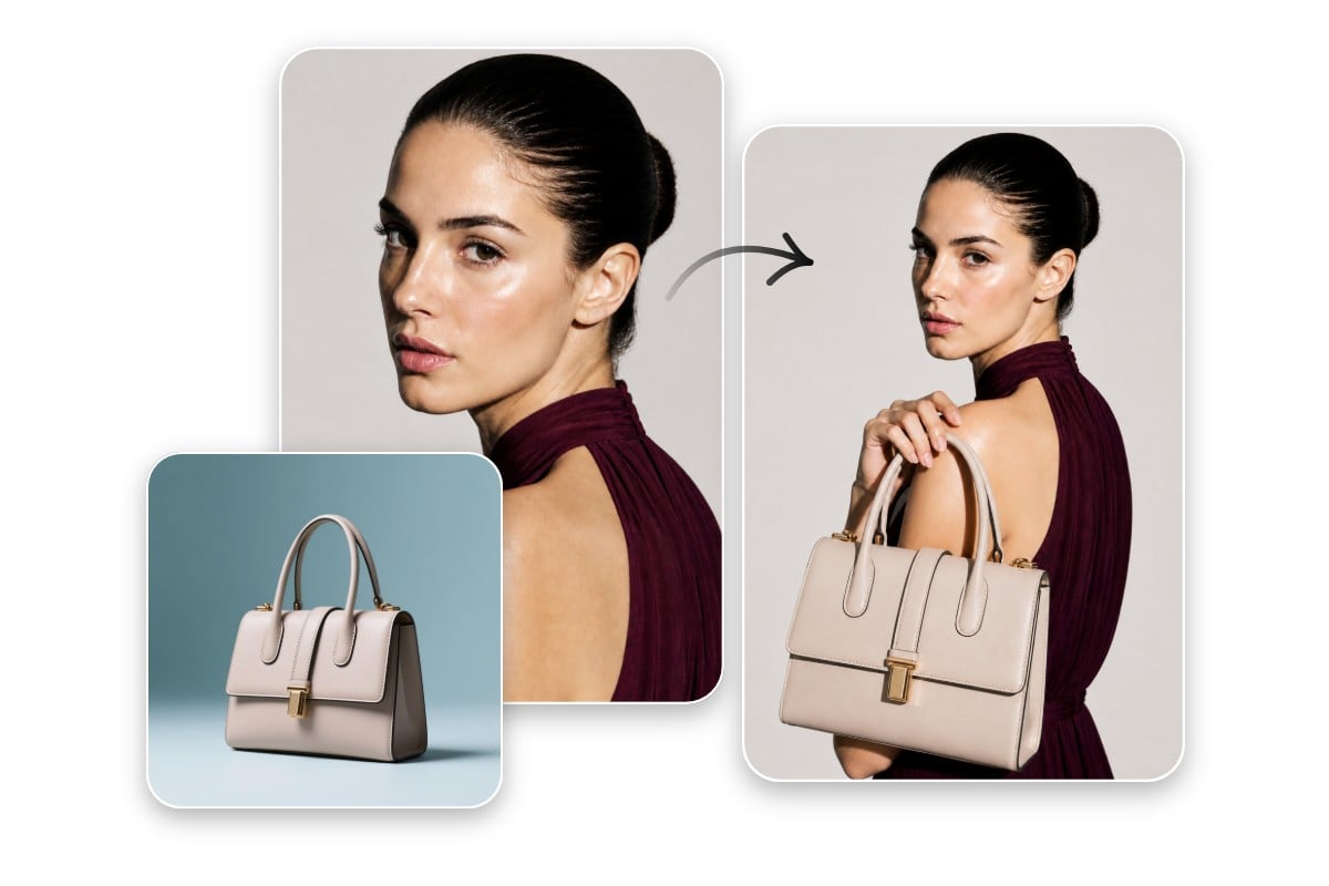Upload a photo of a bag and model and turn them into a photo of a model displaying the bag