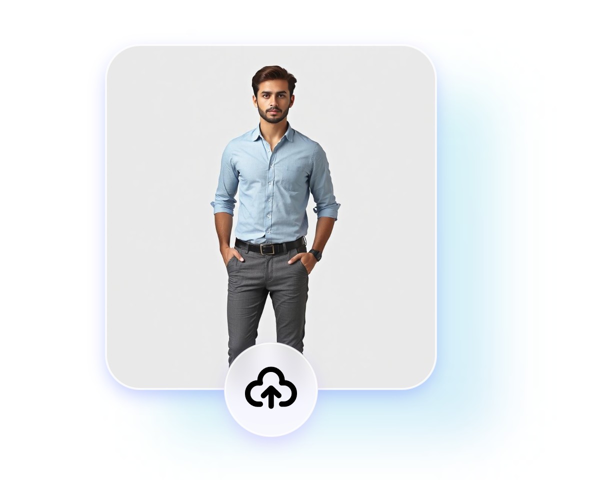 青いシャツを着た男性の写真をアップロードする