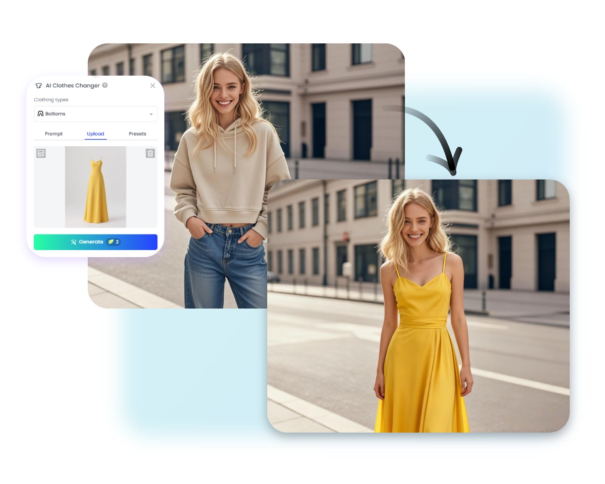Upload a photo of a yellow dress and replace the original clothes with it in a girl photo