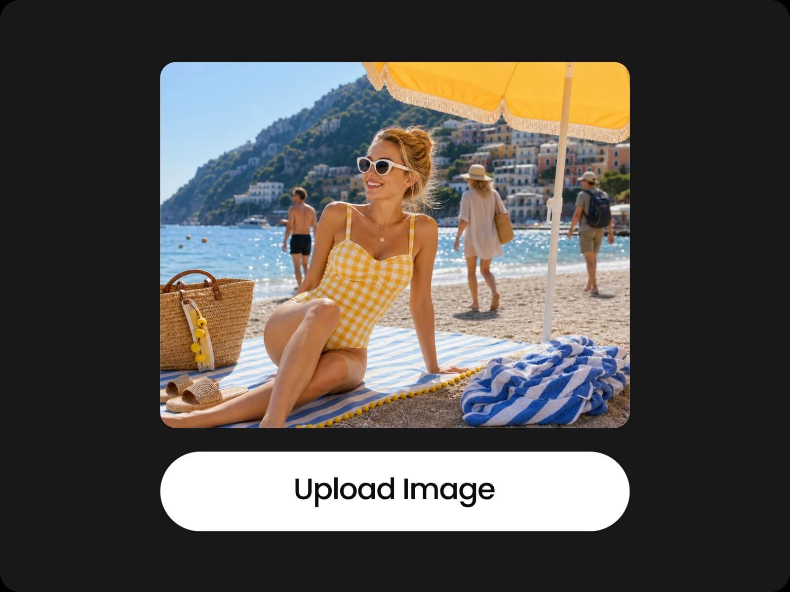 Upload a picture of a girl on the beach with background people