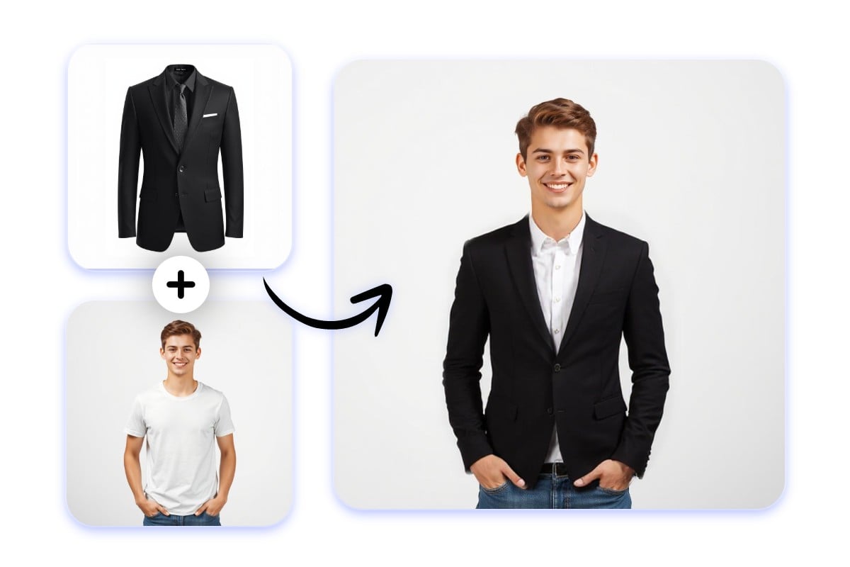 Upload a suit photo and add it to a photo of a man wearing a white shirt