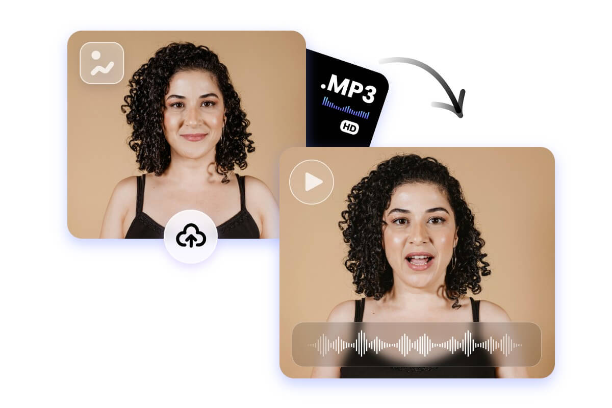 Upload an mp3 audio and make a black curly hair woman photo speak