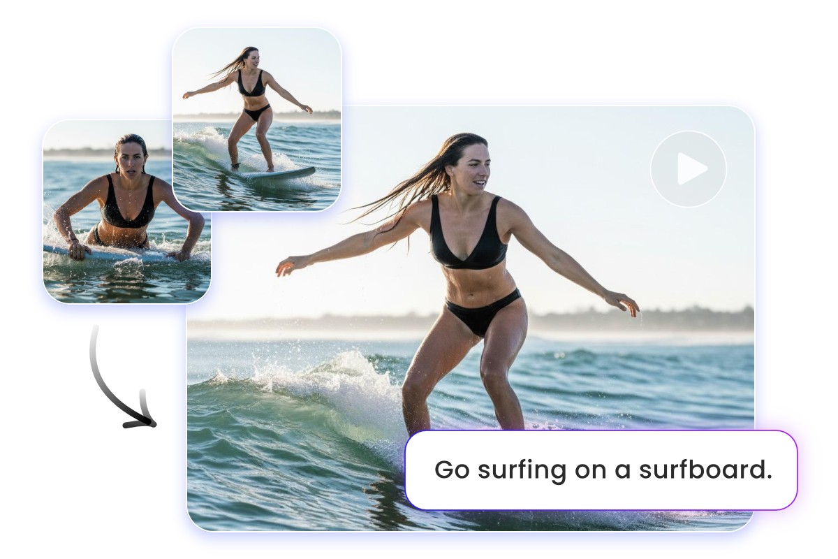 Upload two photos of a girl with different postures as first and end frames and make a video featuing her doing surfing in water from them