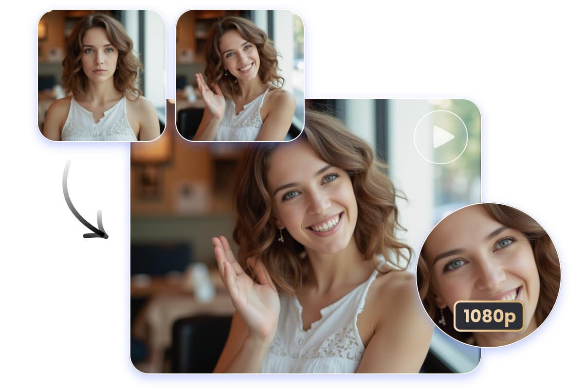 Upload two photos of a girl with different postures as first and end frames and make an hd greeting video from them