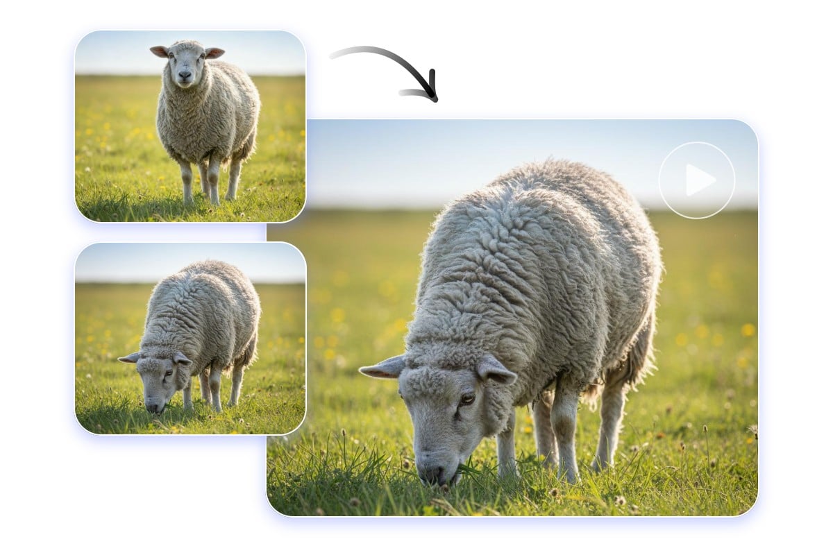 Upload two photos of a sheep as first and end frames and create a complete video from them