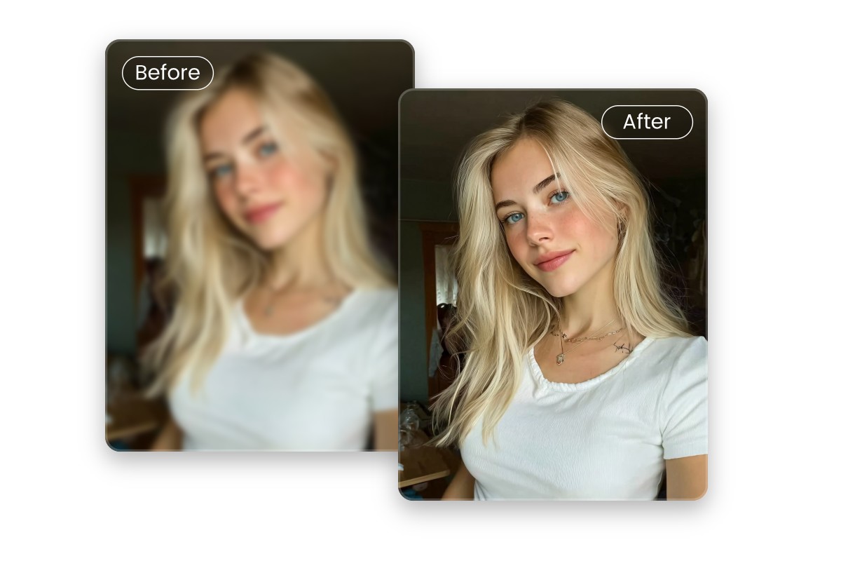 Upscale a photo of a blond girl in a white t shirt