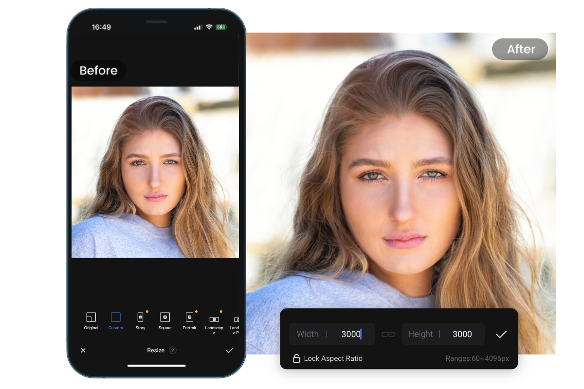 Use 3000 3000 image converter app to resize a young girl photo