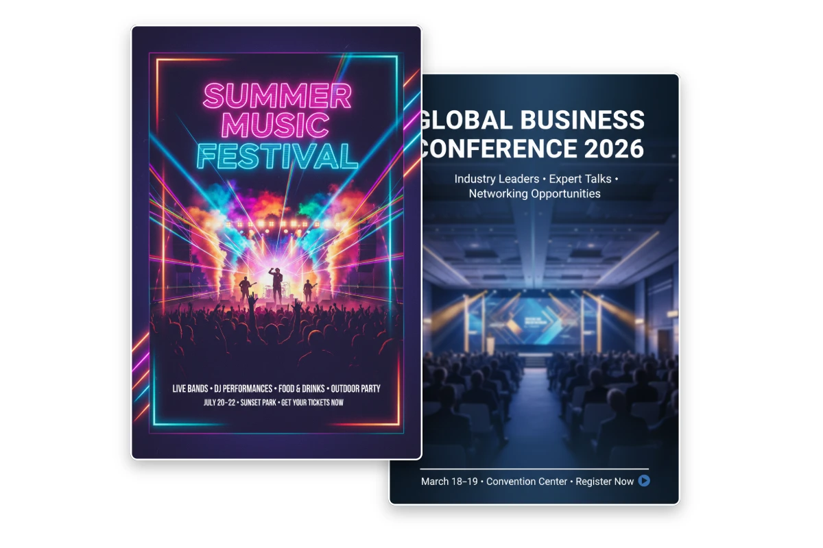 Use Fotor AI poster maker to create 2 3 professional event posters for festivals and conferences