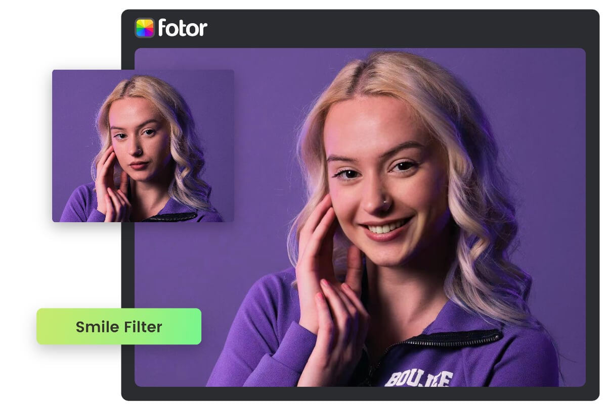 Use Fotors AI smile filter to change a girls expression