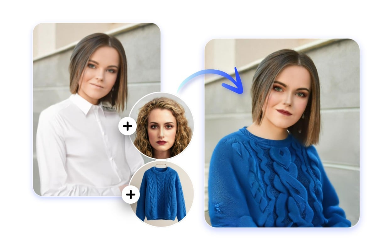 Use ai face merge to morph a female face with a new dress
