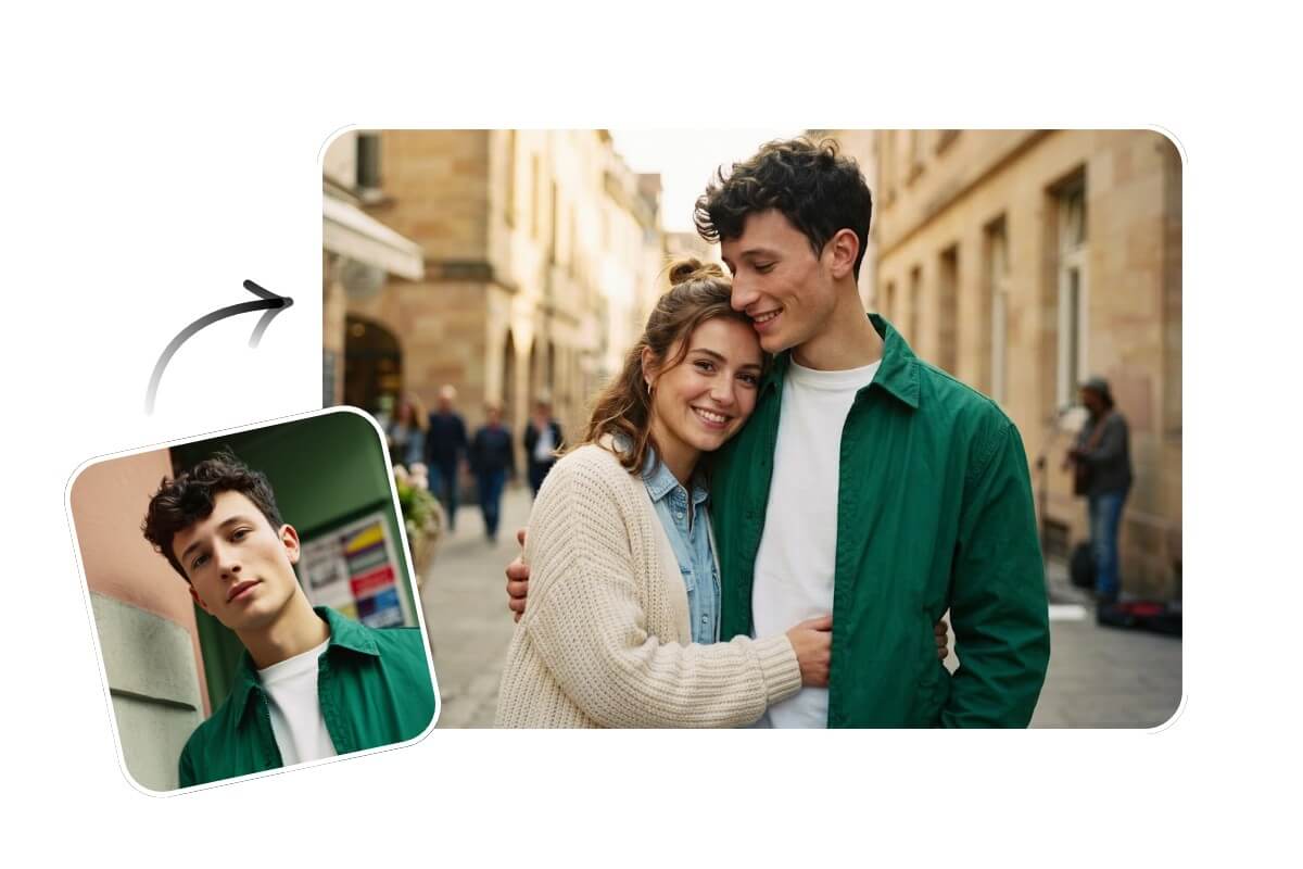 Use ai to generate a virtual couple photo for a man wearing a green jacket