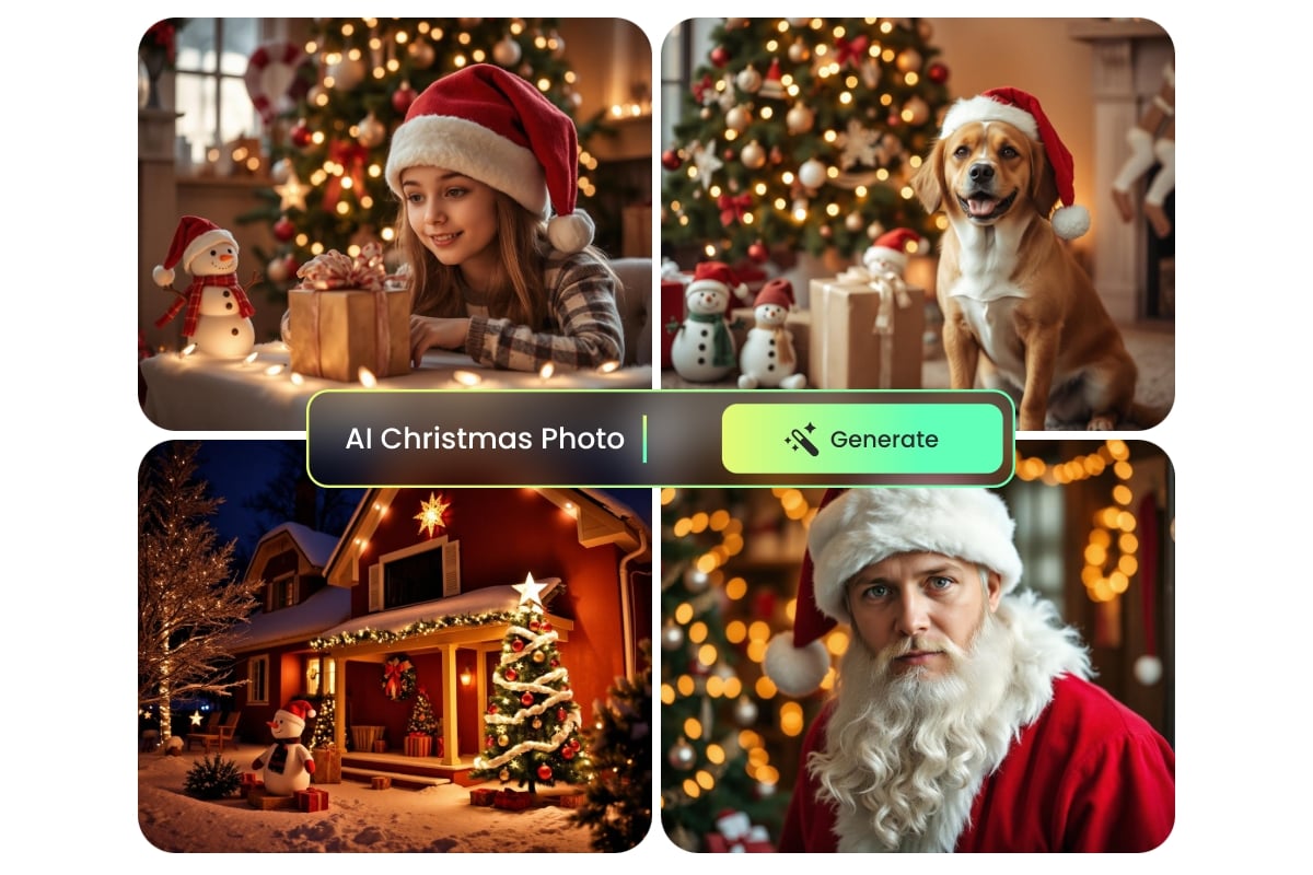 Use fotor ai christmas photo generator to make ai christmas girl dog house and santa