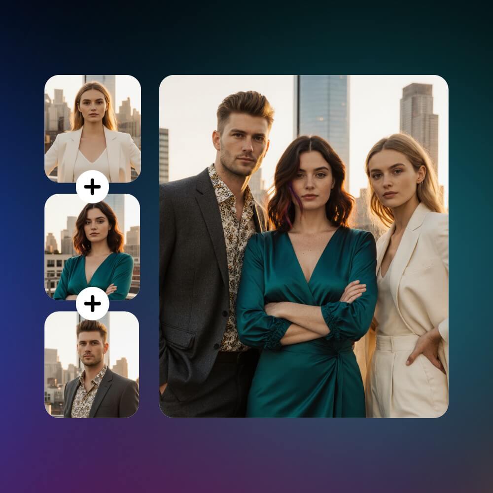 Use fotor ai group photo generator to merge three individual photos into one group photo