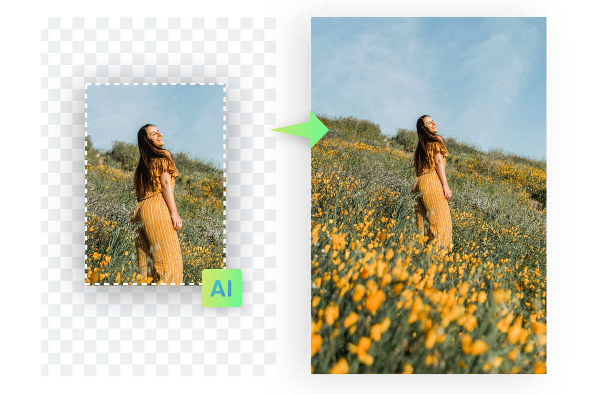 Sử dụng dụng cụ không ngừng mở rộng hình hình ảnh fotor ai nhằm không ngừng mở rộng hình hình ảnh người phụ phái đẹp đứng bên trên nền hoa tulip