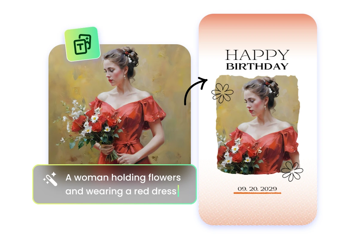 Use fotor ai image generator to create a lady in a red dress and with flowers from text