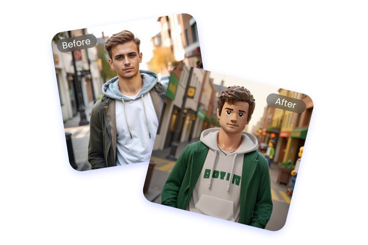 utiliser le filtre Lego IA de Fotor pour transformer un garçon en sweat à capuche en personnage Lego