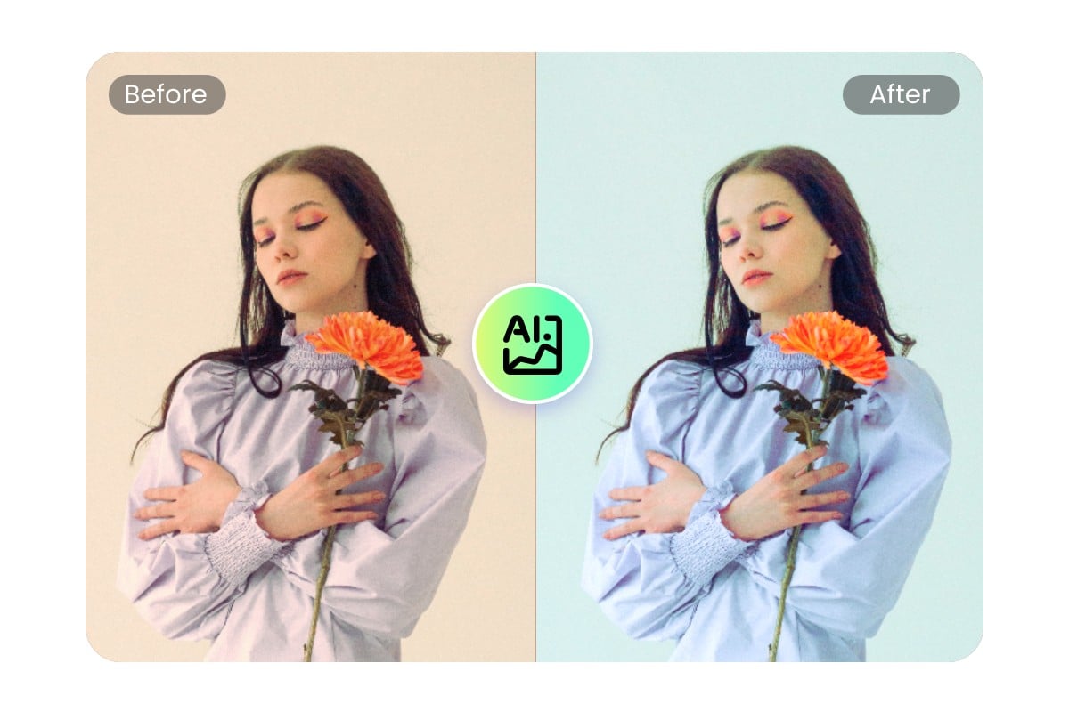 Use fotor ai one tap enhancer to correct color of a photo of a lady holding a flower