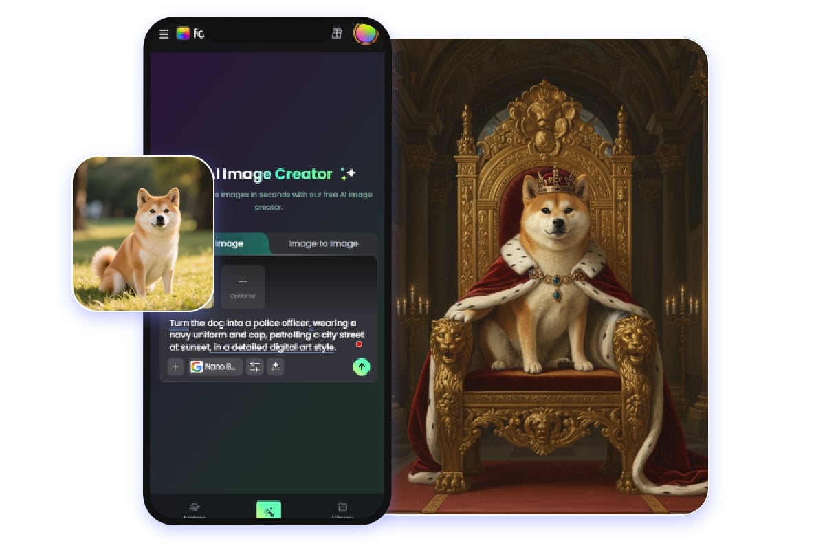Use fotor ai pet portrait generator app to turn the dog into a king sitting on the golden throne