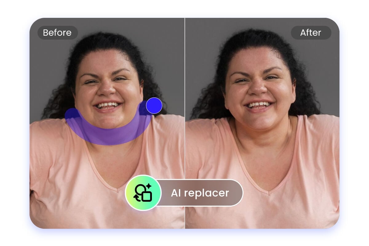 Use fotor ai replacer to remove the double chin from the woman face naturally