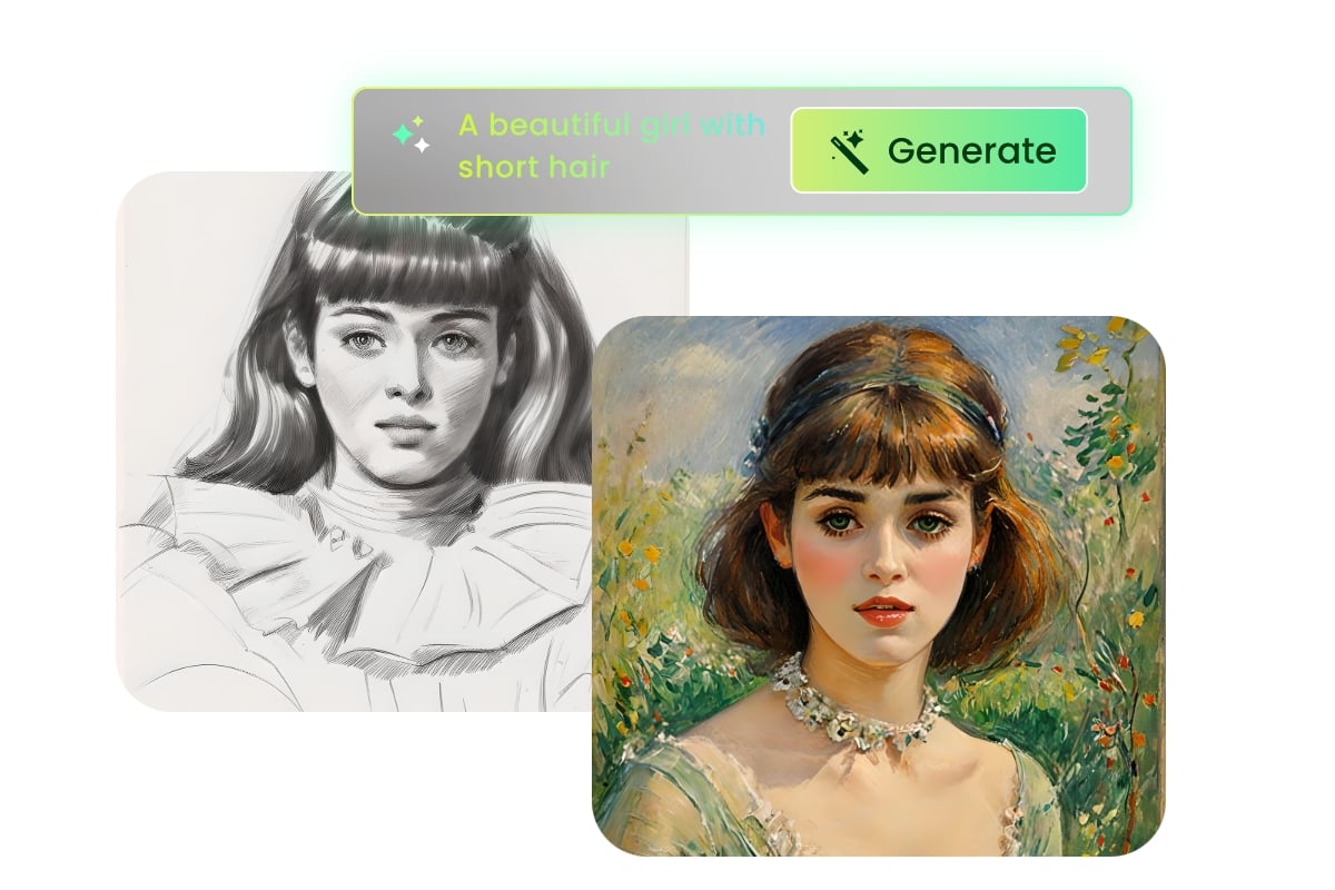 Use fotor ai sketch generator to create a rough sketch and colored drawing of a young lady