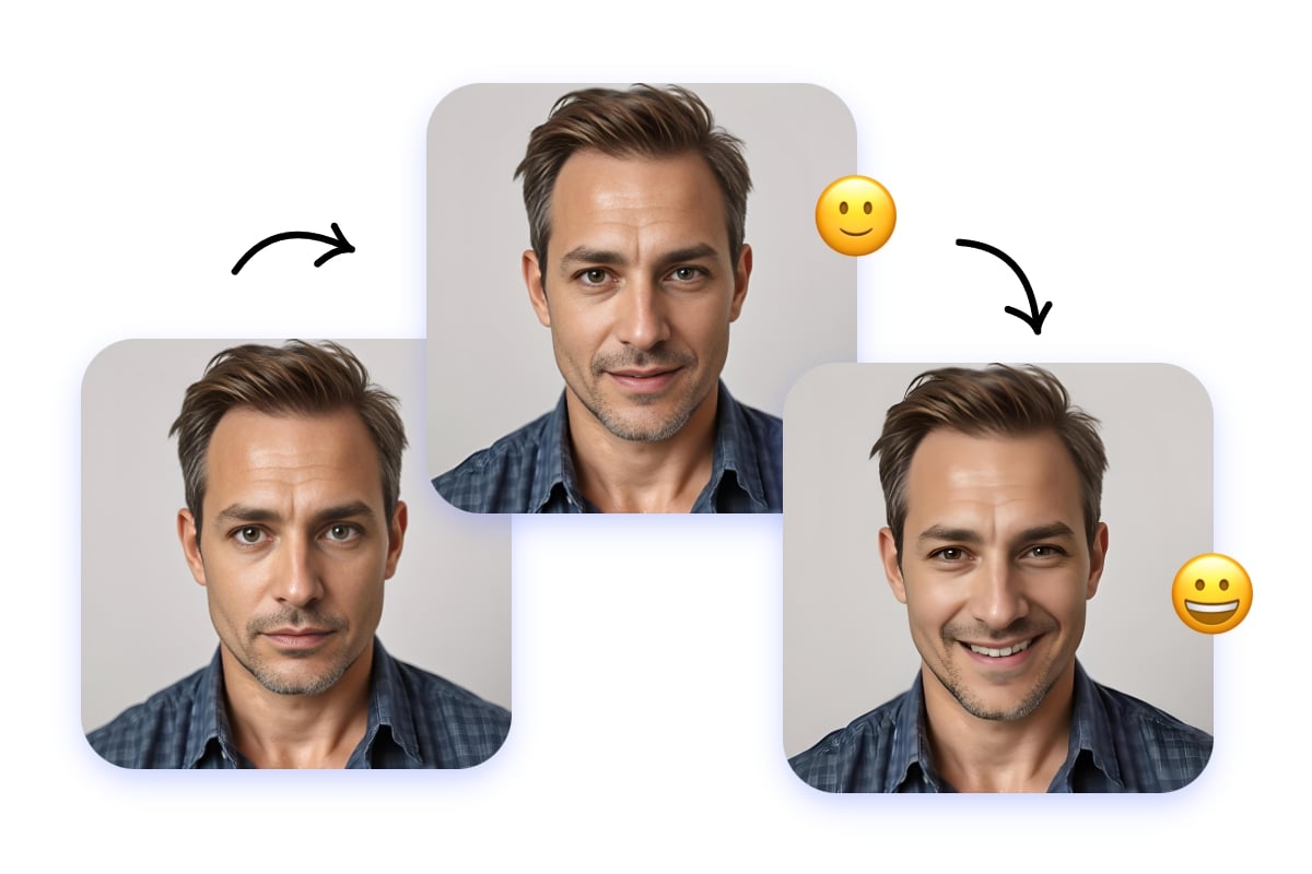 Use fotor ai smile maker to make a photo of a man smile in different styles
