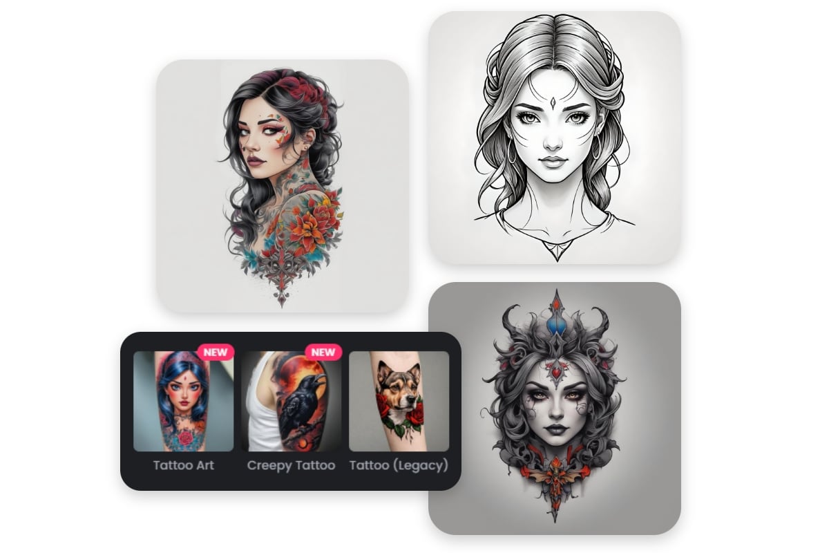 Use fotor ai tattoo generator to generate woman portrait tattoos in tattoo art creepy tattoo and legacy tattoo styles