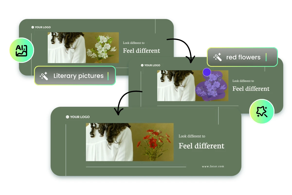 Fotor AI を使用して、緑色の背景に白いシャツを着た女性の半身をフィーチャーした Facebook カバー写真を生成します。