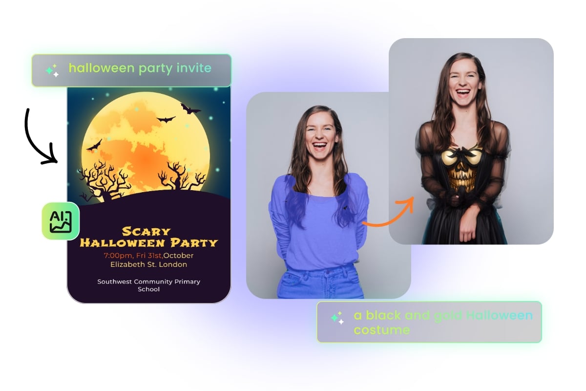 Use fotor ai to generate ai halloween picture from text and ai replace to replace the original clothes of a long hair lady with a black halloween gown