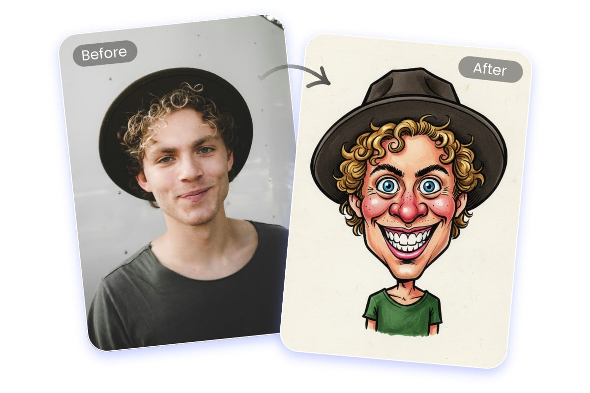 Use fotor caricature maker to turn a picture of a man wearing a hat into a marker pen style caricature