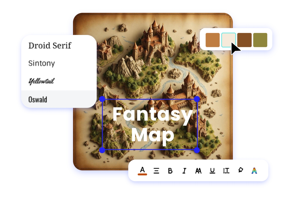 Use fotor editor to add text to and change color of an ai fantasy map