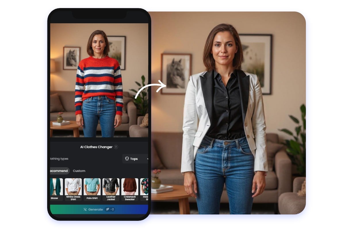 Use fotor mobile app to change the sweater of a lady to a professional shirt