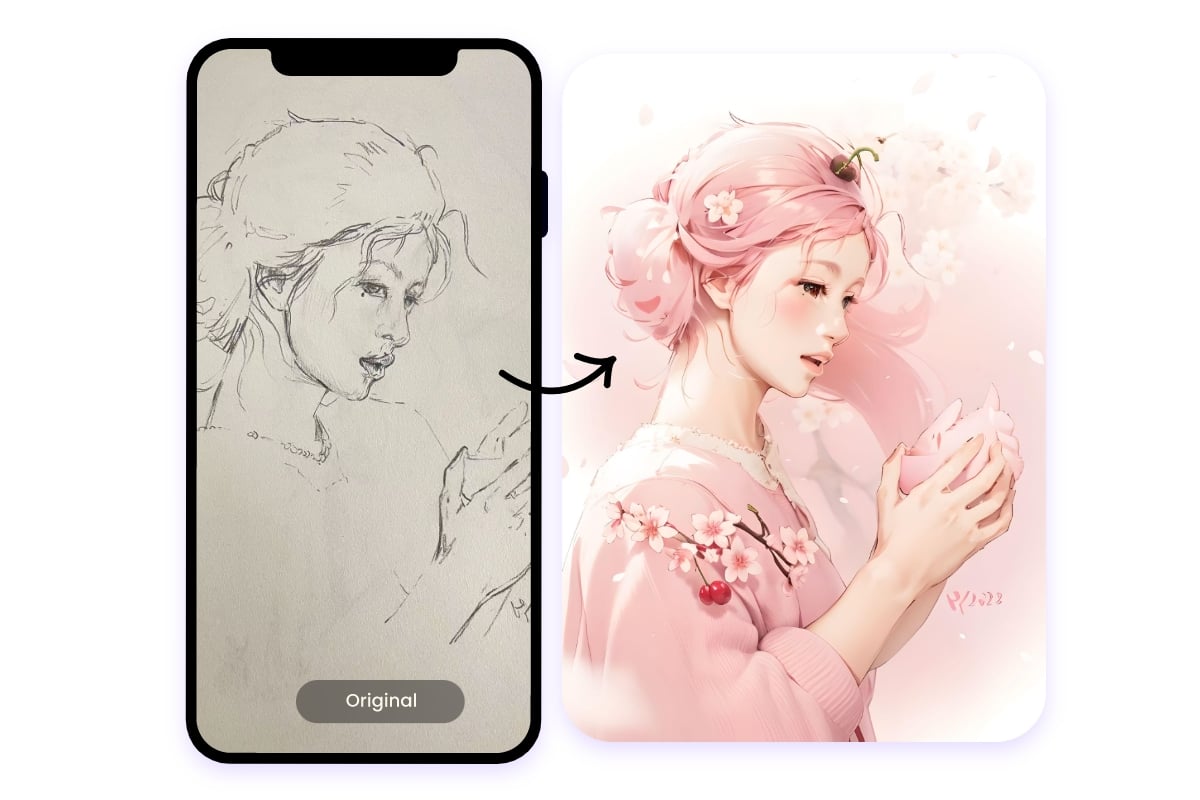 Use fotor mobile sketch to image app to turn a rough sketch of a young lady into a pink drawing