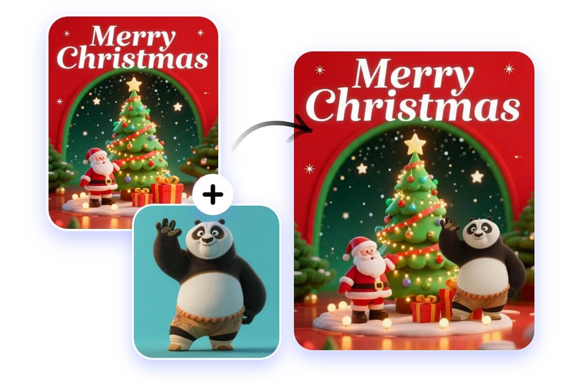 Use fotor nano banana ai to merge a panda cartoon character with a poster into one image