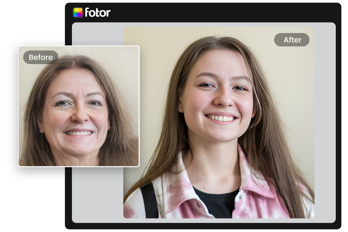 Brug fotor online teenagefilter til at omdanne den gamle kvindelige til teenager look