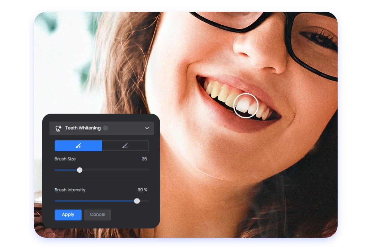 Use fotor teeth whitner to whiten teeth of a lady wearing black glasses with yellow teeth
