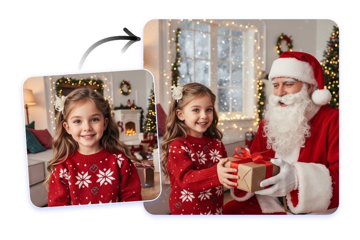 Use fotor to generate a video of santa clause delivering a gift to a girl