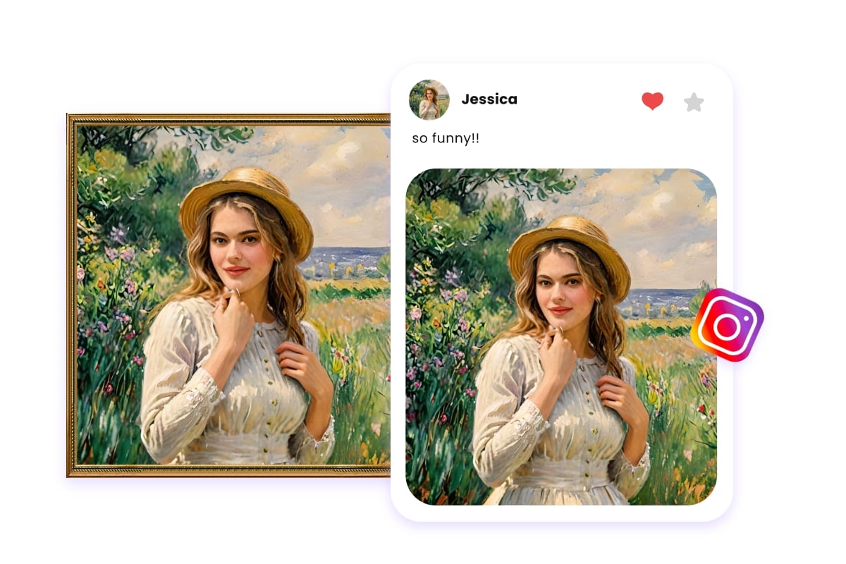 Use fotor to generate an ai colored drawing of a beautiful lady one the left and share it on ins and show the ins feed on the right