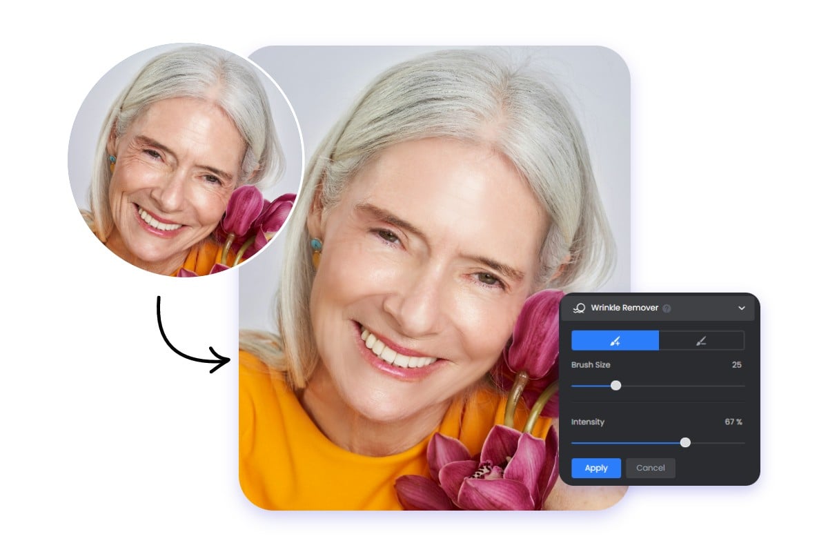 Use fotor to remove wrinkles of a photo of a lady with white hair and wrinkles