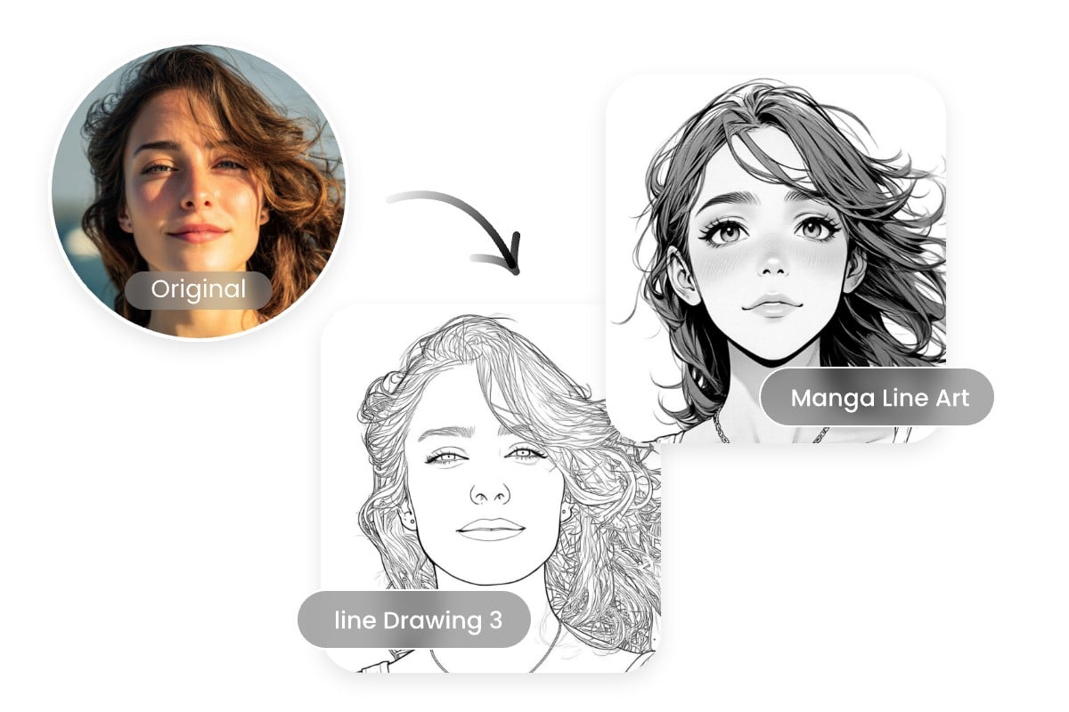 Use fotor to turn a photo of a woman into to coloring pages of different styles