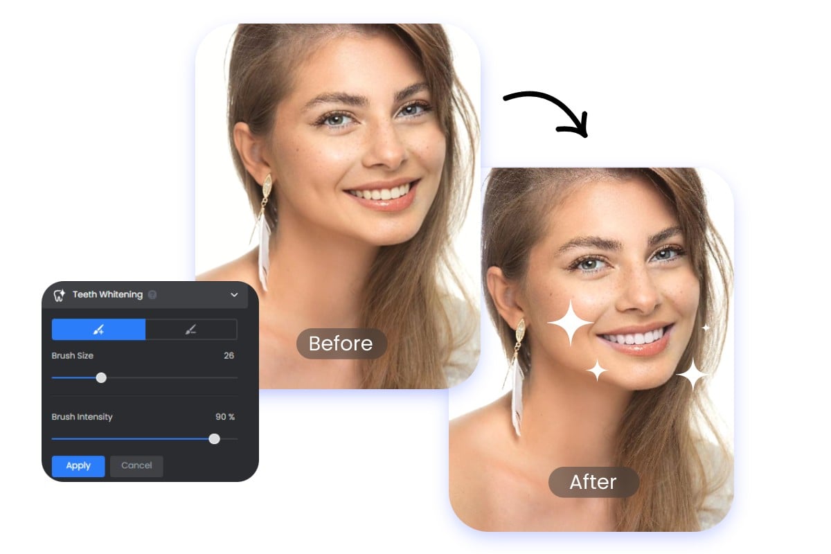 Use fotor to whiten the teeth of a lady with brown hair in a photo