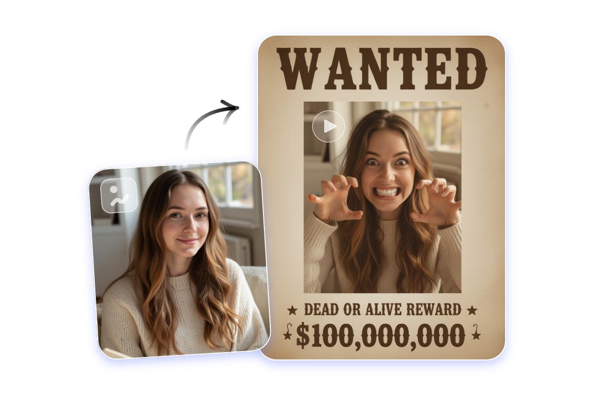 Utiliser le filtre faux avis de recherche de Fotor pour transformer une photo d'une femme en une affiche wanted animée