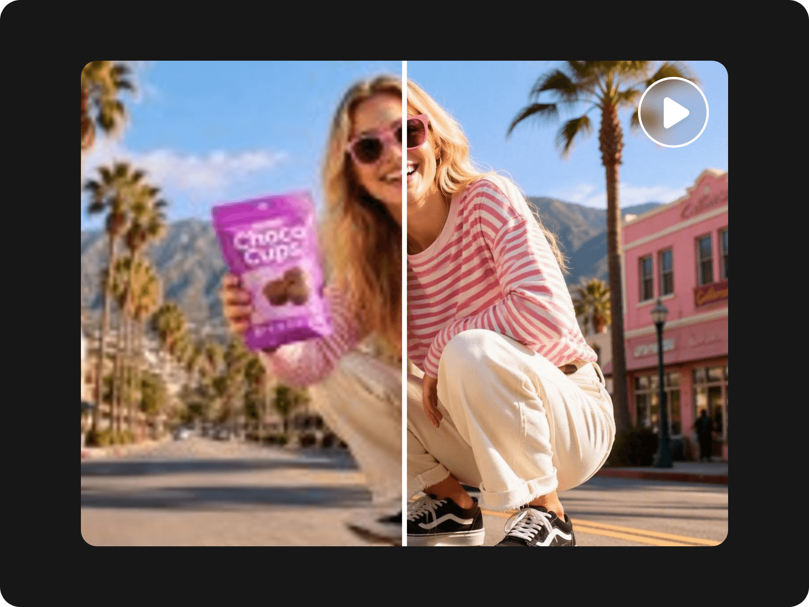 Use fotors ai video upscaler to increase the resolution of a low quality video of a girl holding snacks