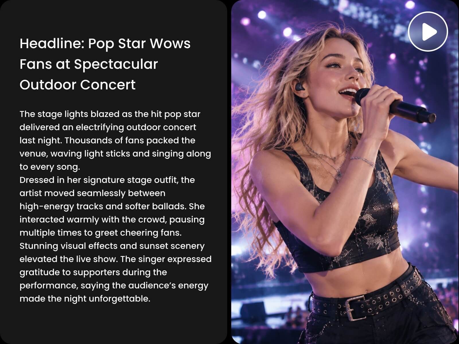 Use fotors article to video creator to turn a concert news report about a pop star into a video
