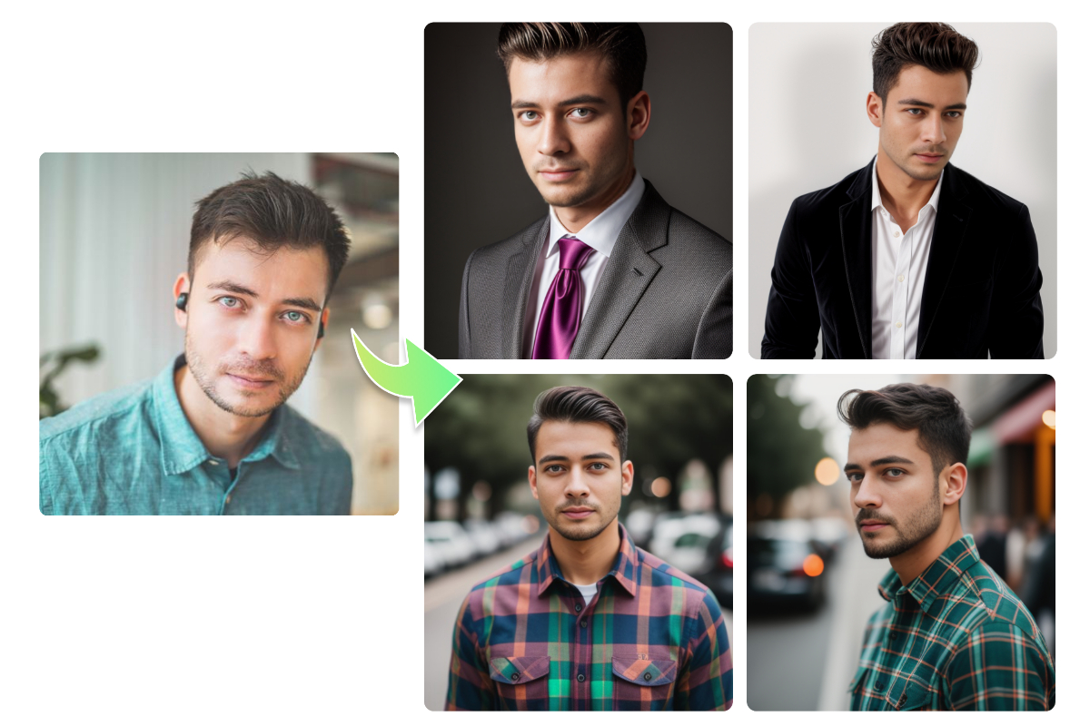 Use fotors online headshot filter effect to turn a casual male selfie into two business headshots and creative headshots