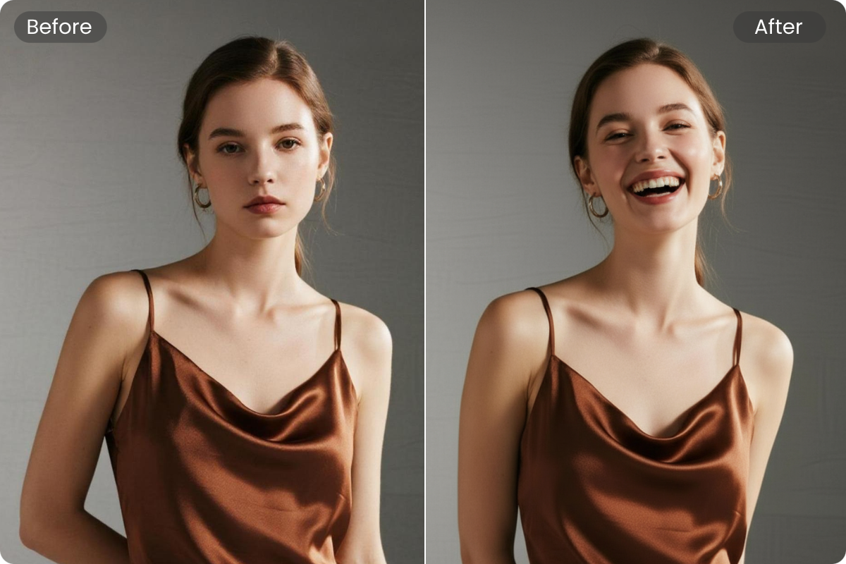 Use google gemini to change the expression of a woman from sad to happy