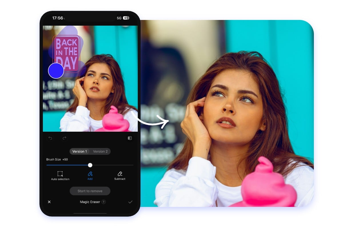 Use mobile wateramark removal app to remove a girl photo stamp